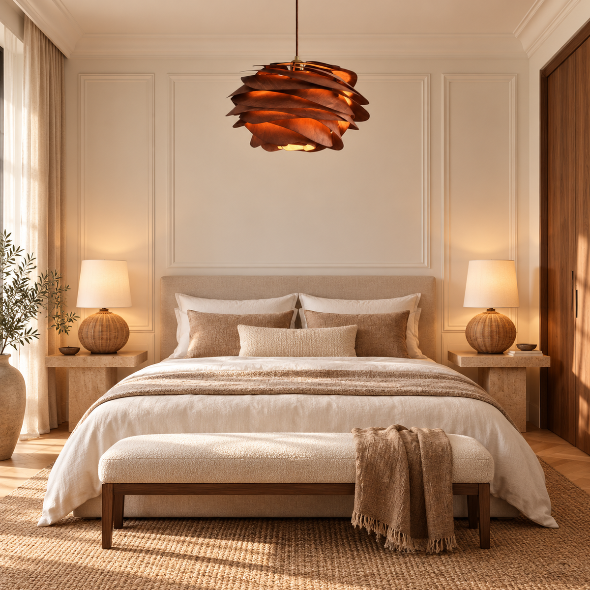 Lampes en rotin et suspension en bois Hanami dans une chambre