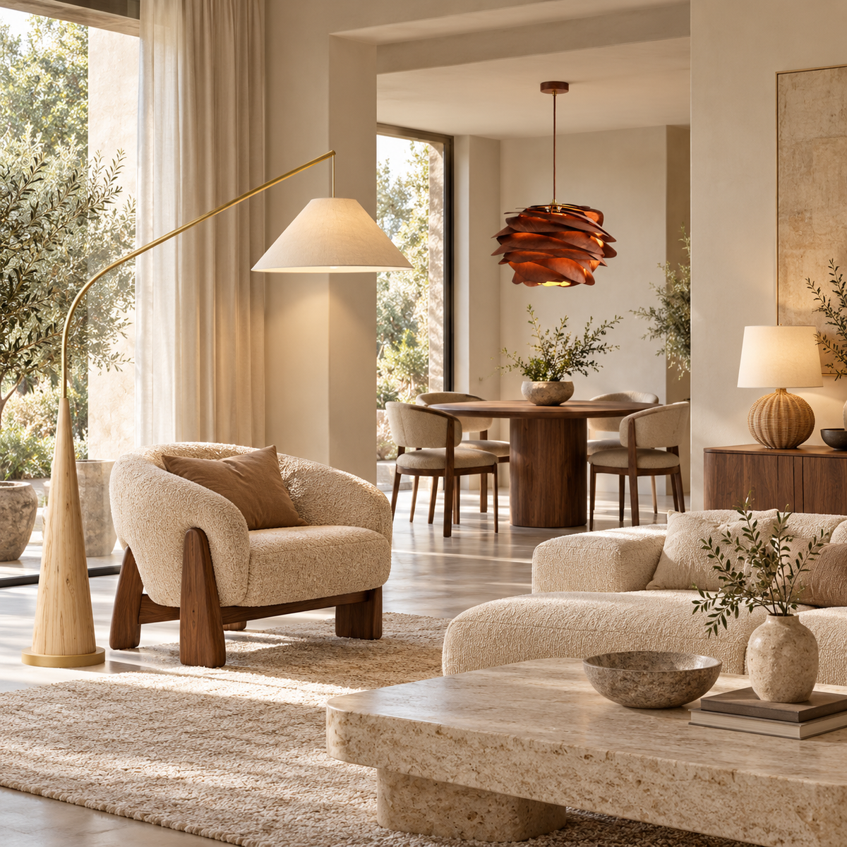 Lampadaire arqué, suspension Hanami et lampe en rotin dans un intérieur